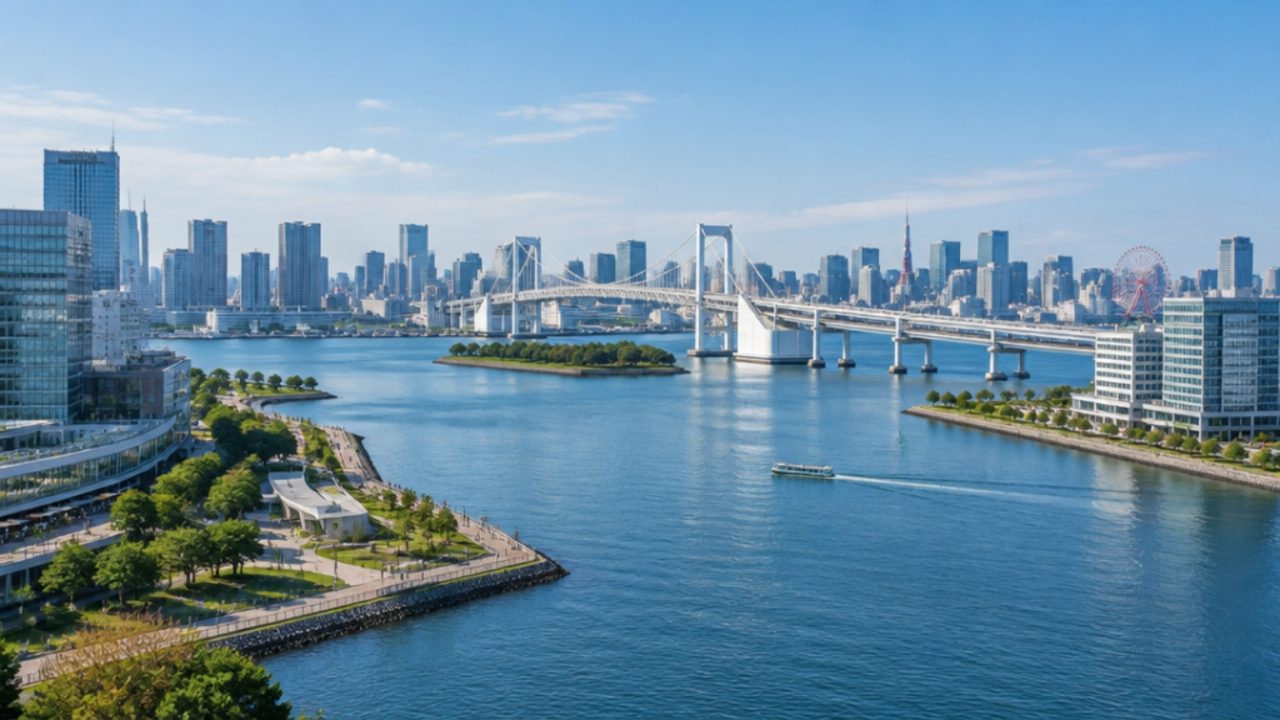 東京湾岸の街並みとレインボーブリッジ