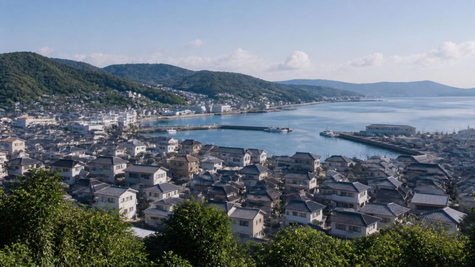 丘の上から見た、港町の昼の景色
