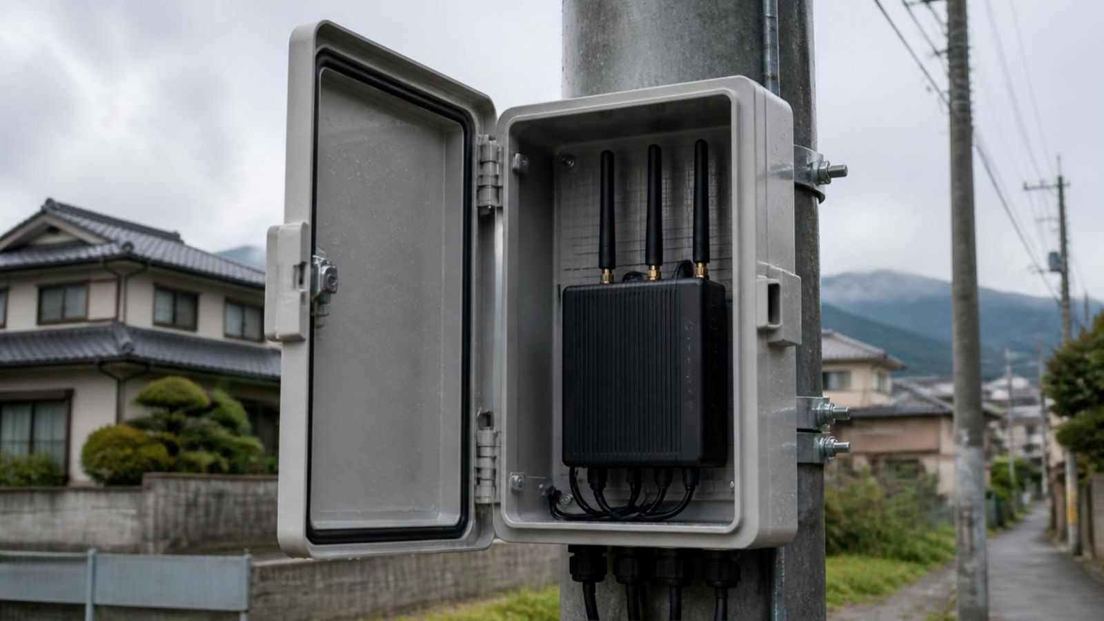電柱の収納ボックスに入った、アンテナ付きのLTEルーター