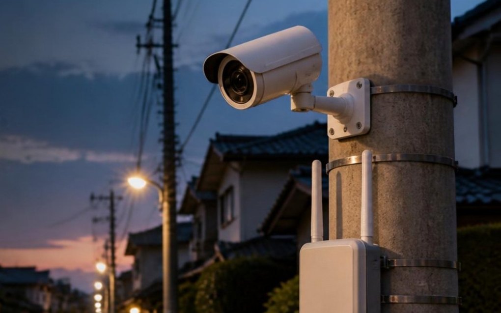 夕暮れの住宅街。電柱に取り付けた監視カメラと、アンテナ付きの屋外用LTEルーター