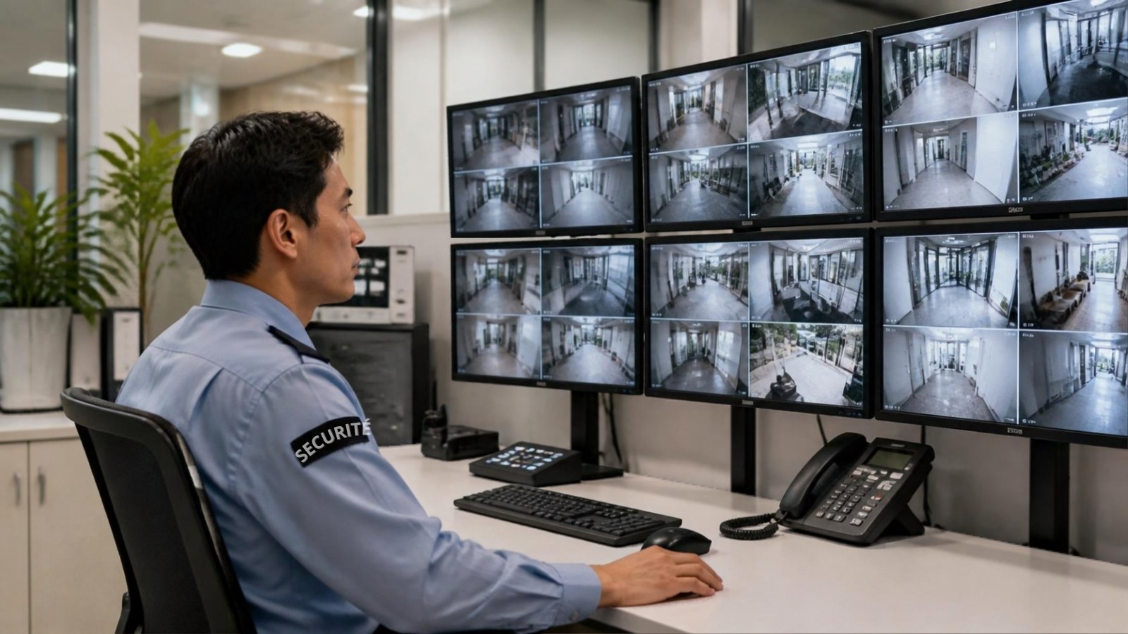 監視室で、複数のモニターに映ったカメラ映像を確認する警備員
