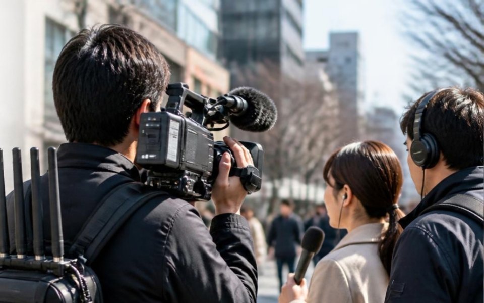 街頭で、送信機を背負ったカメラマンがニュースを中継