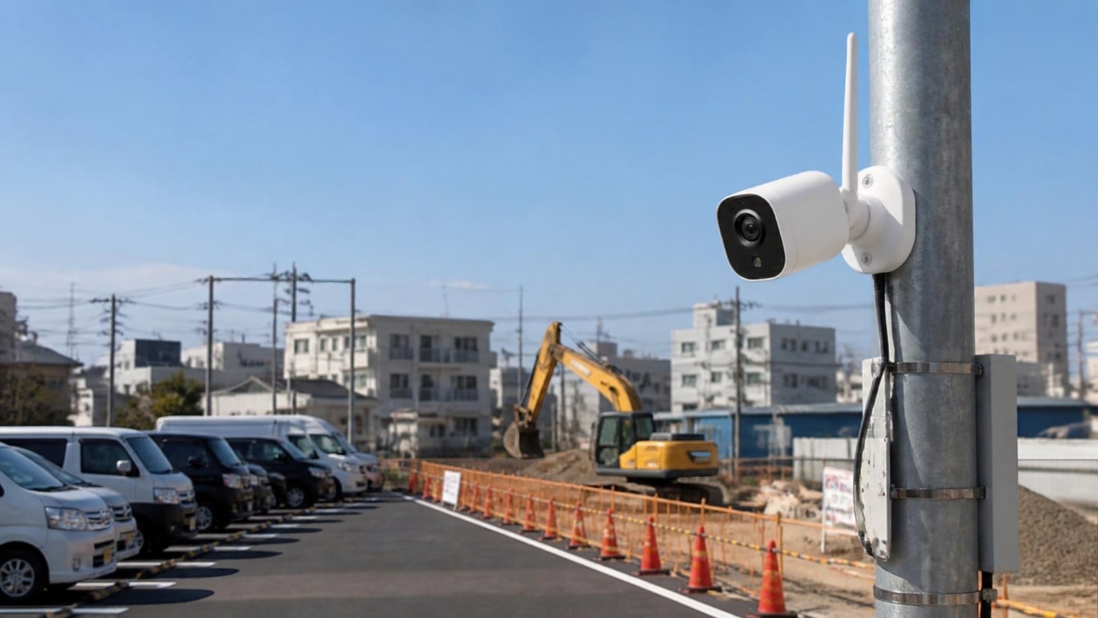 工事現場のポールに取り付けた監視カメラとLTEルーター