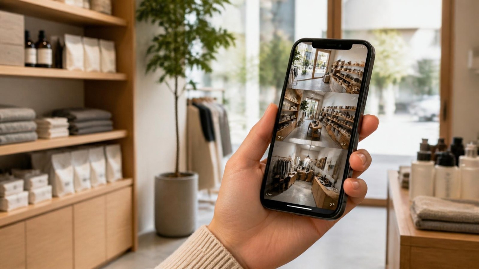 店内で、複数のカメラ映像を並べて映したスマートフォンを手に持っている