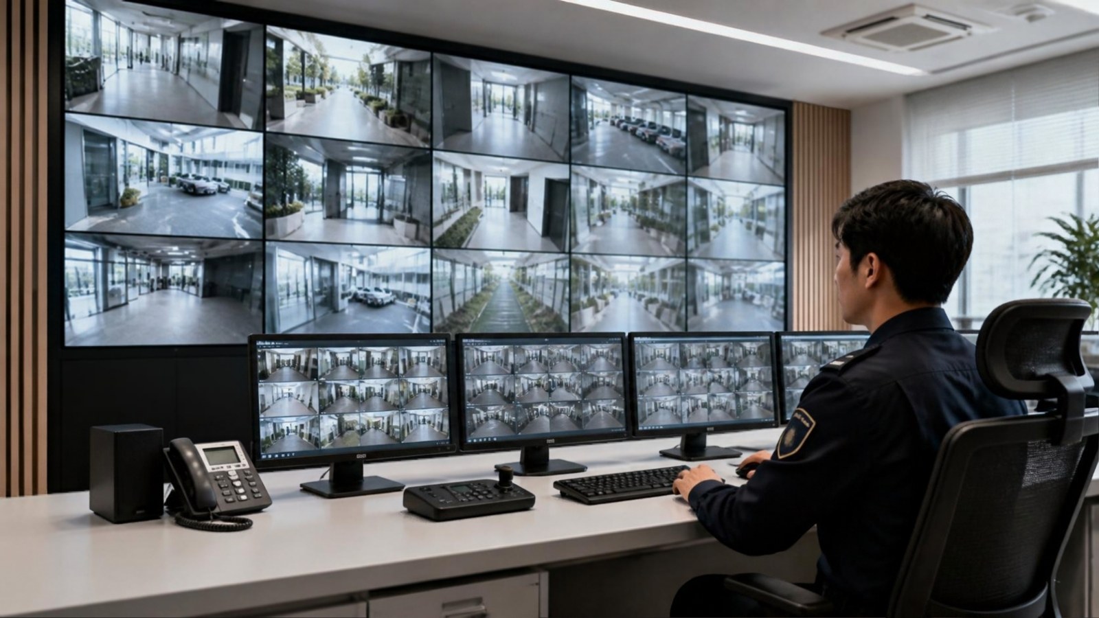 監視室で、壁一面のモニターと手元の画面に映ったカメラ映像を見る警備員
